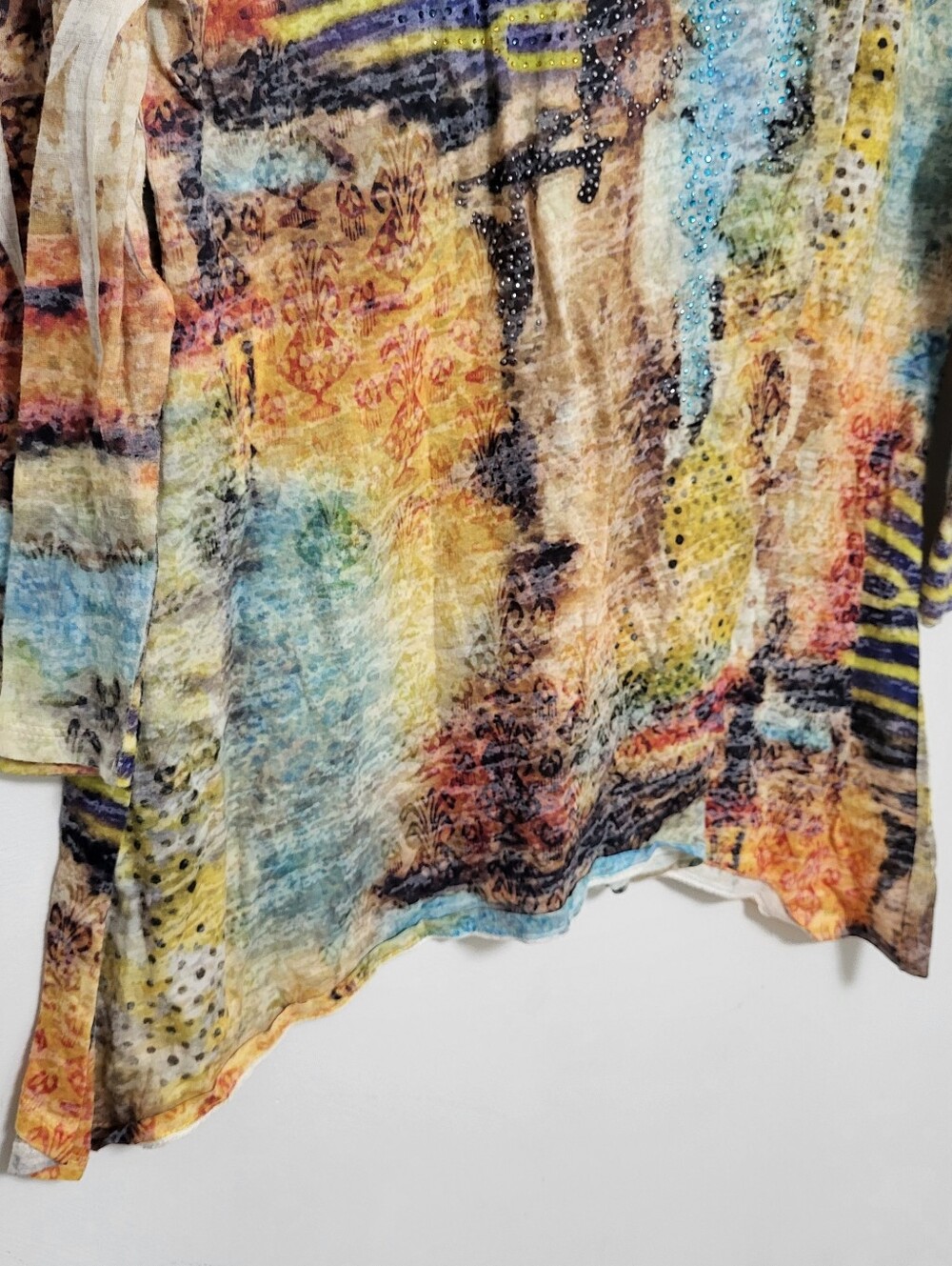 Jess & Jane Artsy Burnout Tunic Top Colorful Abstract Studded Asymmetric Sz Lg - Picture 3 of 6